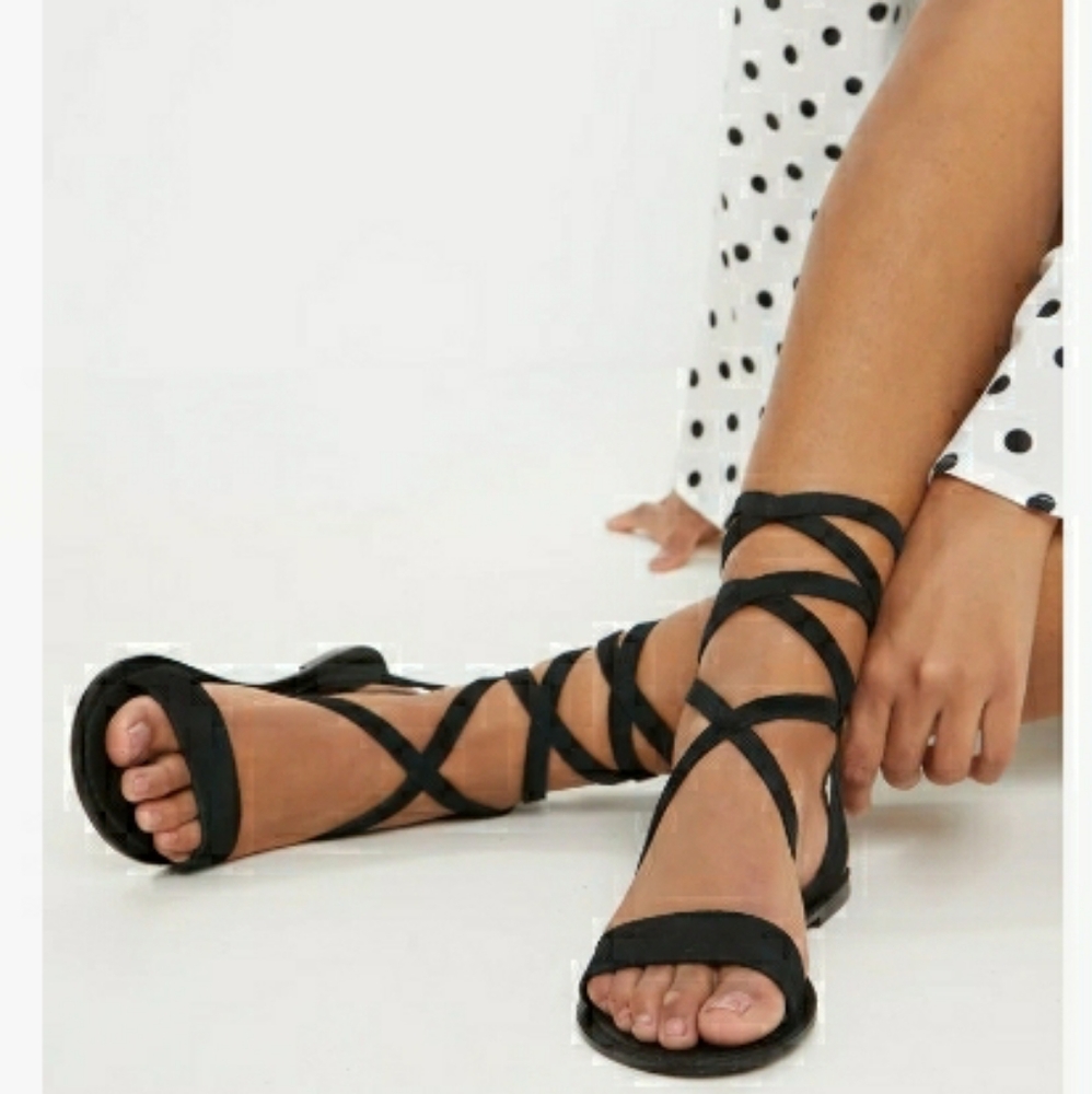 Black leather lace up sandals